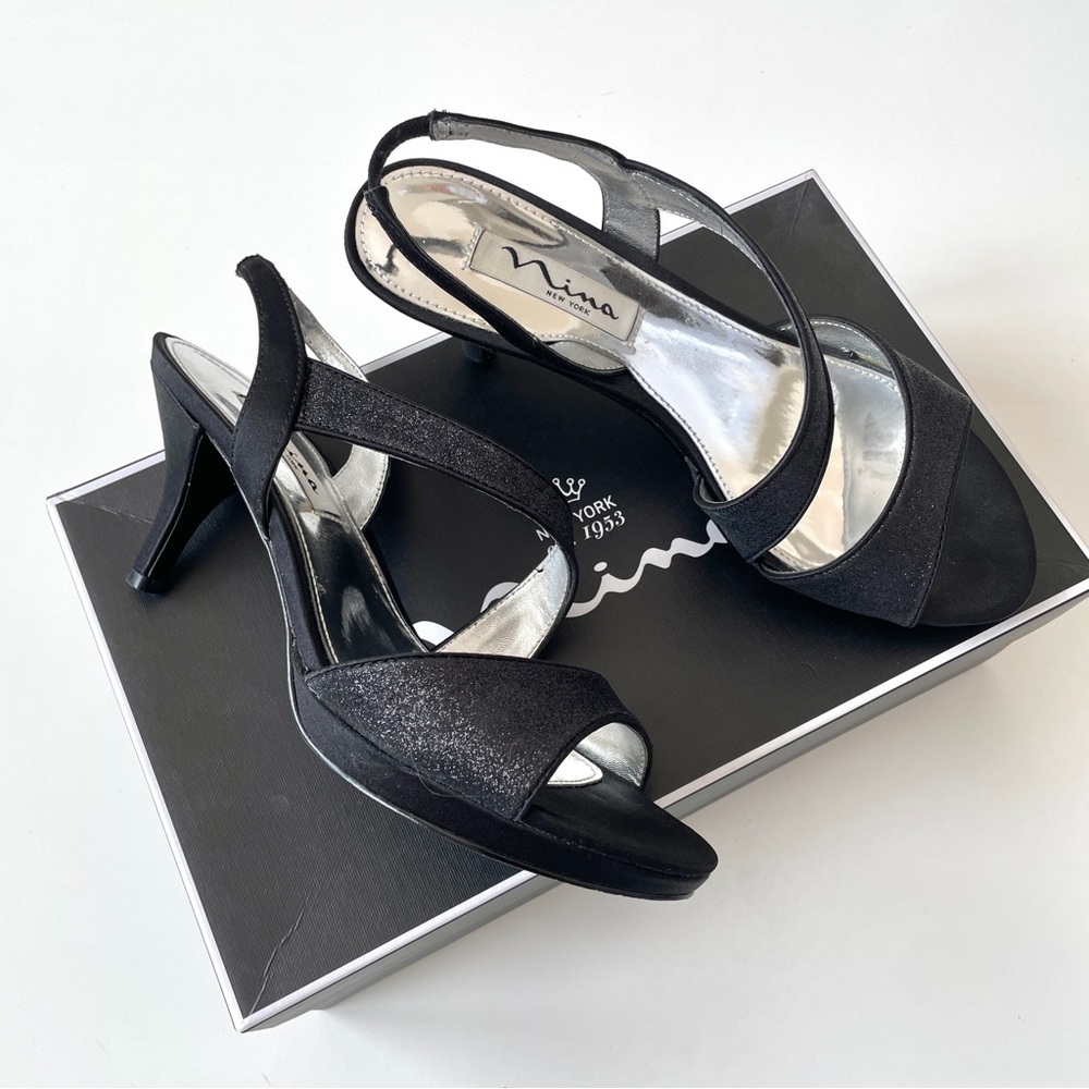 Nina New York Newark Sparkle Slingback Black Glitter Dress Sandals Heels, 6.5